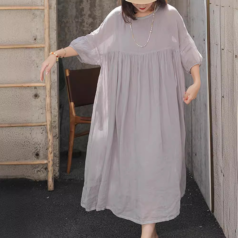 Picture of 2024 New Cotton and Linen Cross-border Loose Pleated Solid Color Round Neck Short-sleeved Women's dress