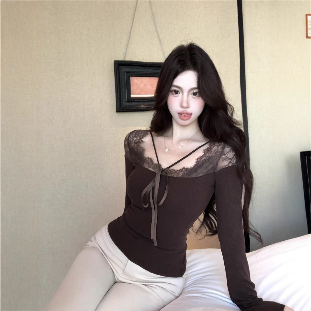 2025 Real Shot Elegant Sexy Lace Stitching Long Sleeve Elegant All-match Top