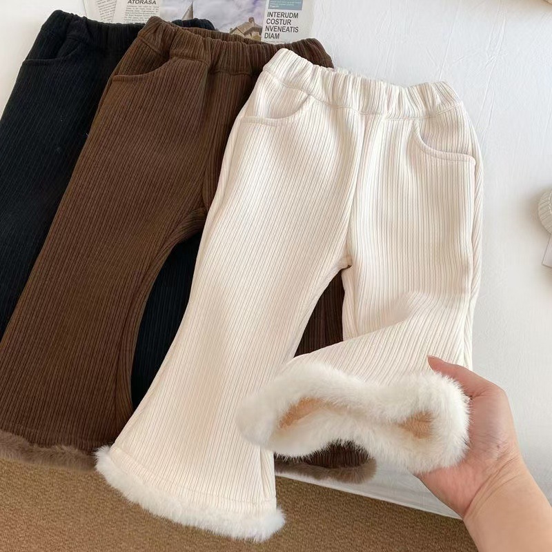 Girls' Pants Autumn and Winter 2024 New Western-style Flared Pants Small and Medium-sized Children's Fashionable Winter Women's White Fleece-Lashed Pants