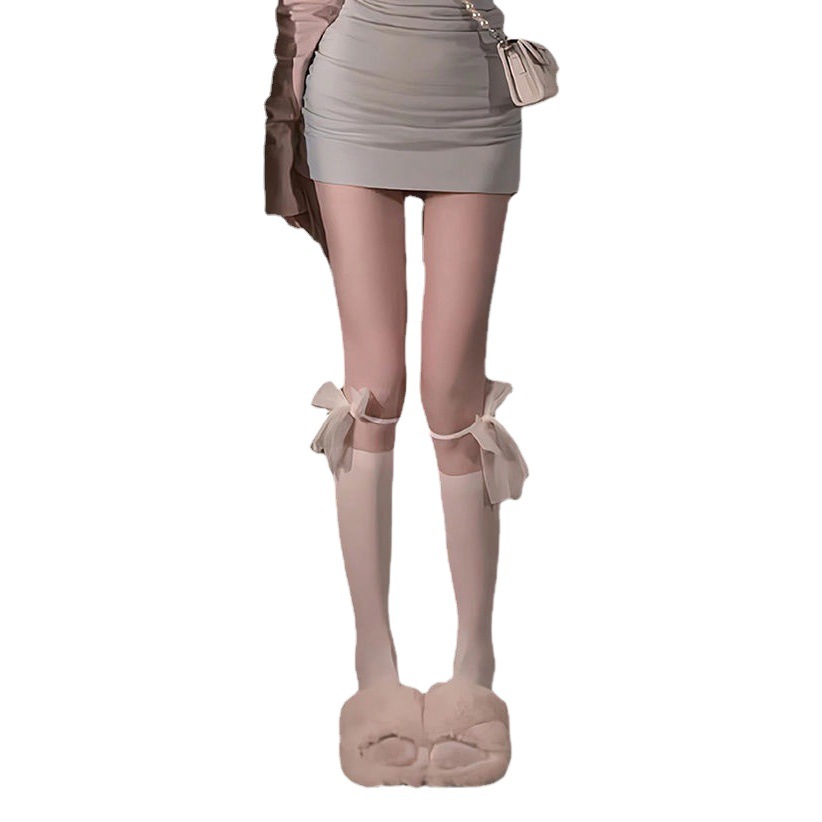 White JK Lace Stockings Stitching Socks Women's Spring and Summer Thin White Stockings Bow Lolita Calf Socks