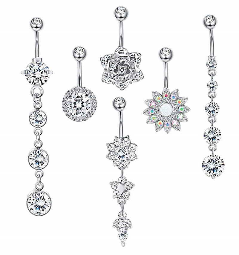 Picture of Amazon Explosions 6-piece Stainless Steel Zircon Silver Belly Button Ring Set Body Puncture Jewelry Wholesale
