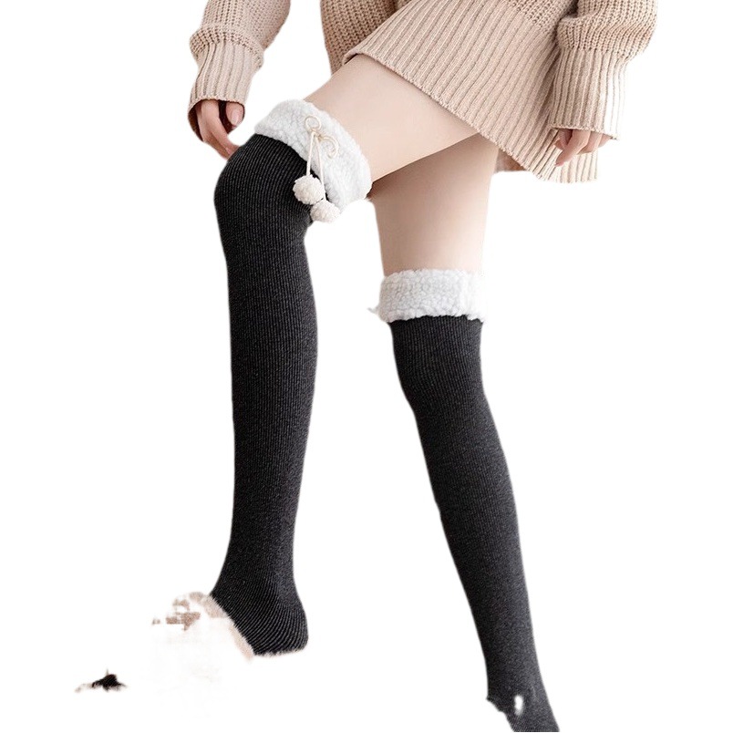Japanese style white cute autumn and winter fleece-lined striped slimming over-the-knee high socks lamb wool edge fur ball long pile socks