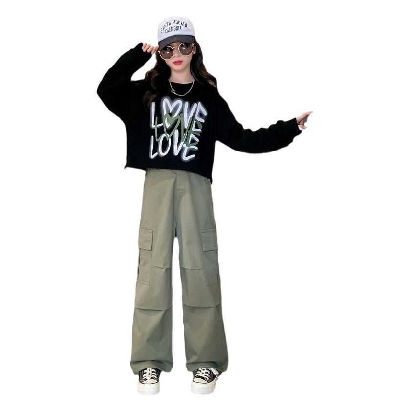 2024 New Internet Celebrity Baby Girl Western Style Suit for Big Children Korean Style Fashionable Letter Top Overalls Two-Piece Set