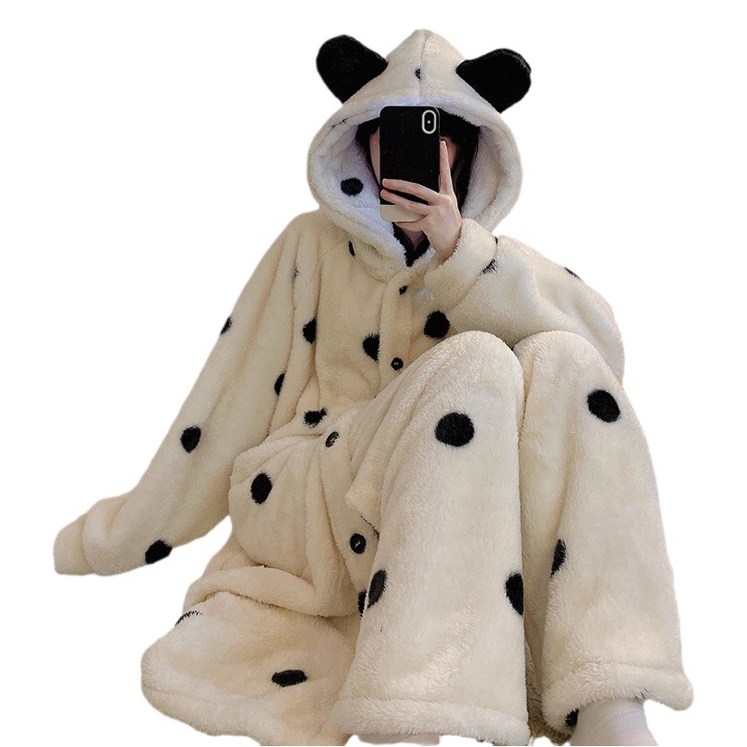 2023 Winter pajamas women's coral fleece cute polka dot printed nightgown trousers plus size suit homewear can be worn outside
