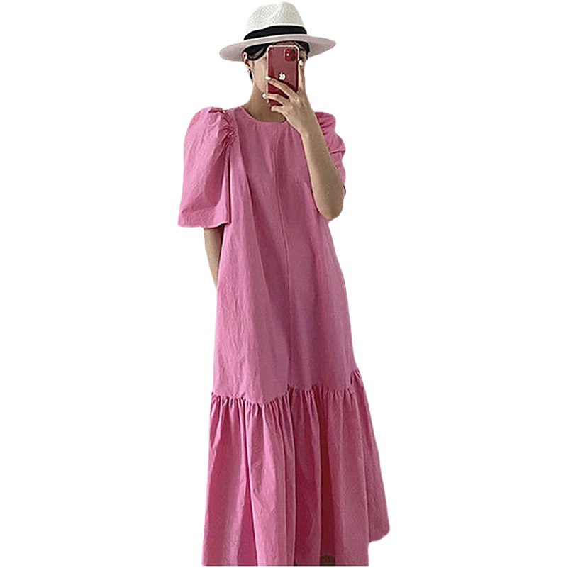 Niche Retro Solid Color Dress Women's 2022 New Slimming Round Neck Stitching High-end Hepburn Style Long Dress for Summer