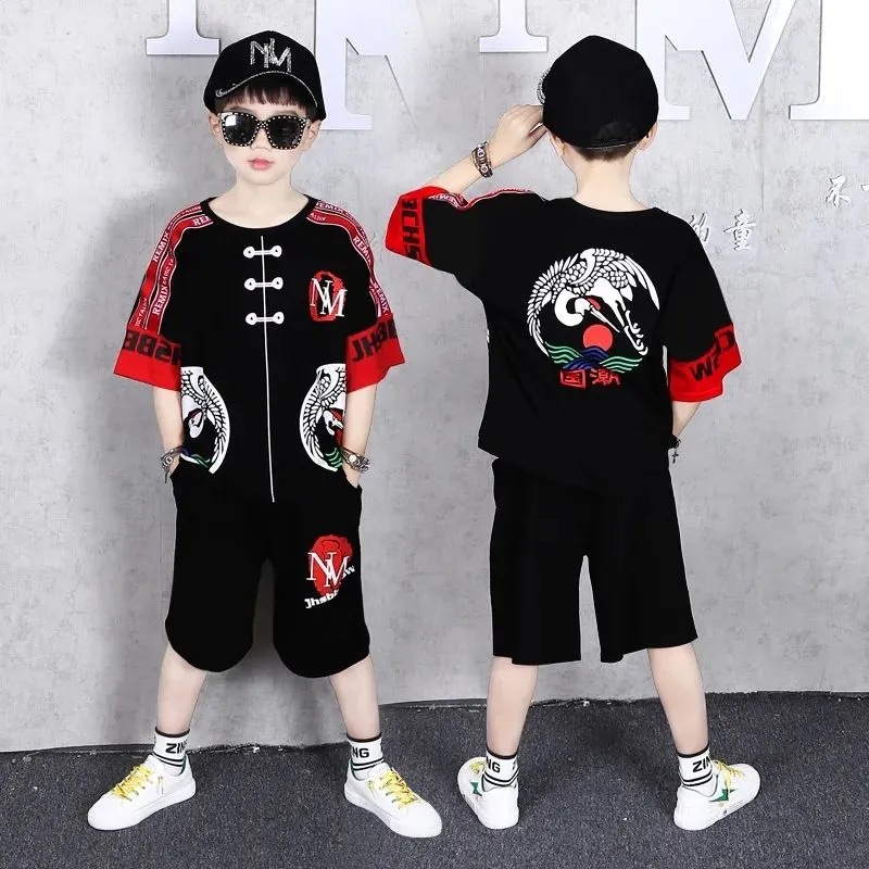 Pure Cotton Boys' Sports National Fashion Suit Summer Children's Performance Clothing Kindergarten Clothing Male Student Sports Suit Fashion