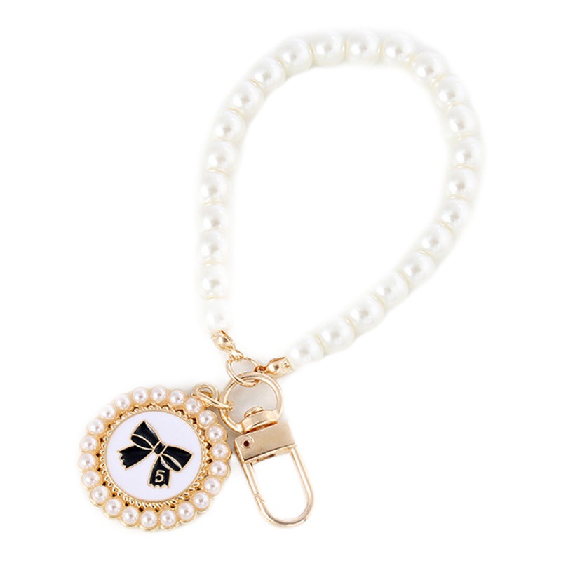 Creative Pearl Round Plate Bow Key Chain Pendant Car Pearl Key Chain Ring Couple Bag Pendant Accessories