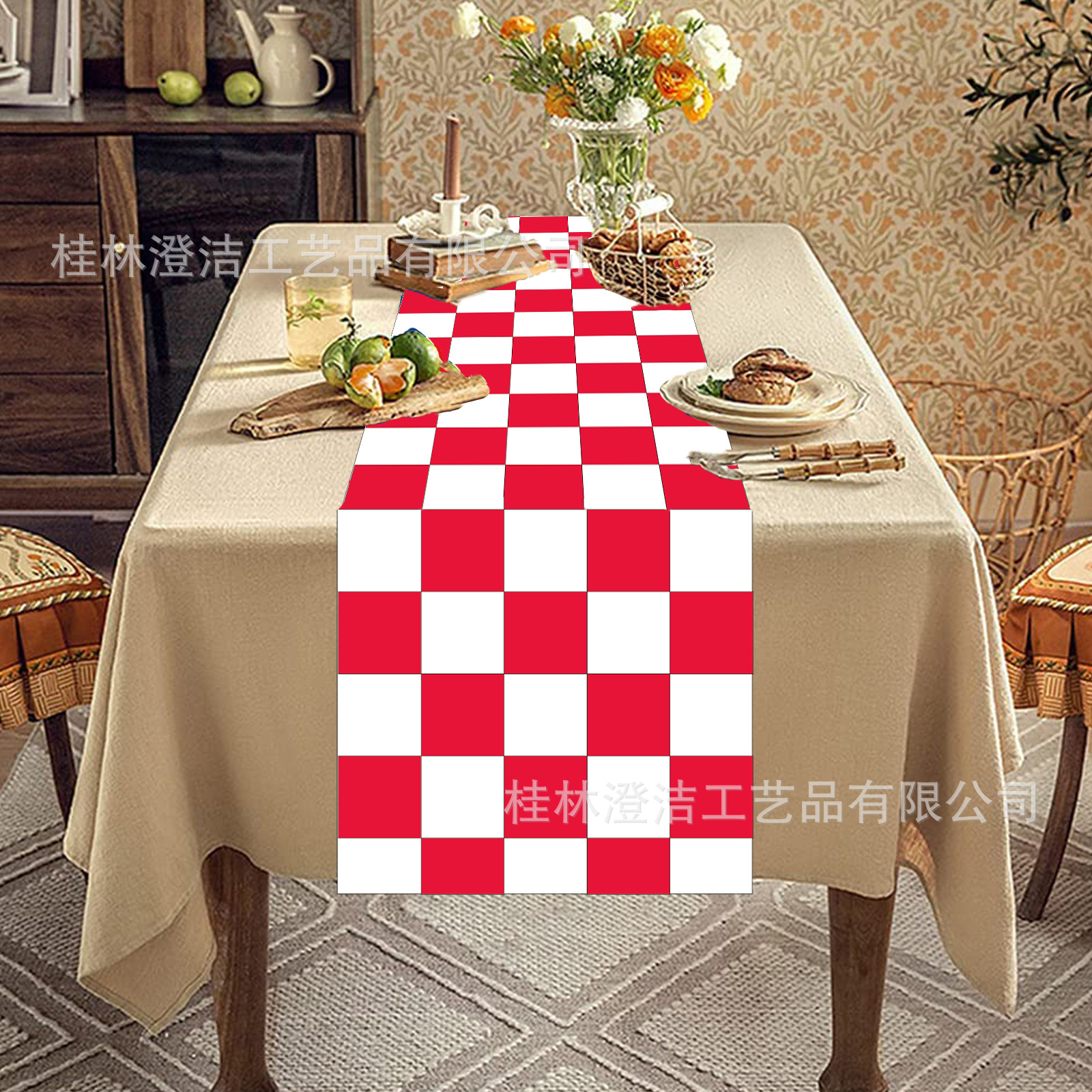 Picture of Cross-border new Amazon chessboard plaid black red green blue linen polyester cloth table flag activity decoration can be designed