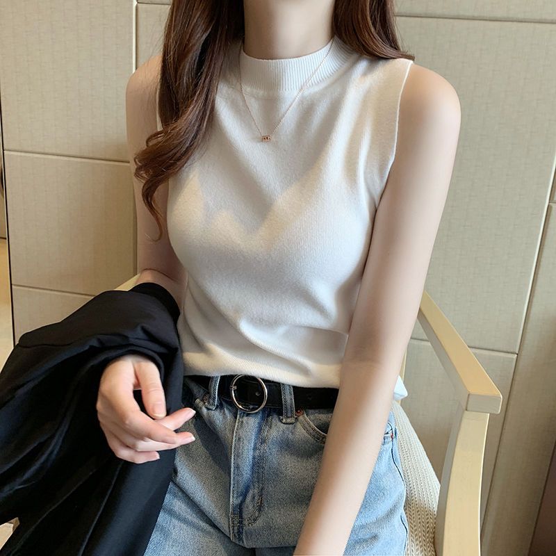 Design Sense Solid Color Vest Women's Round Neck Inner Base Shirt Summer All-match Tight Sleeveless Outer Wear Knitted Top