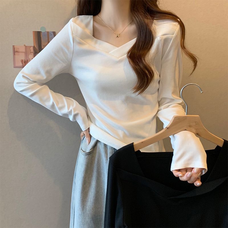 6911# De velvet V-neck bottoming shirt inner women's design long sleeve T-shirt Slim top