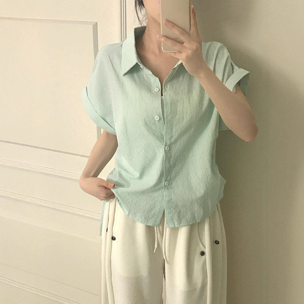 Picture of Chic French Plaid Drawstring Shirt for Women - Slim Fit Waist, Casual Short Sleeve Shirt with Collar