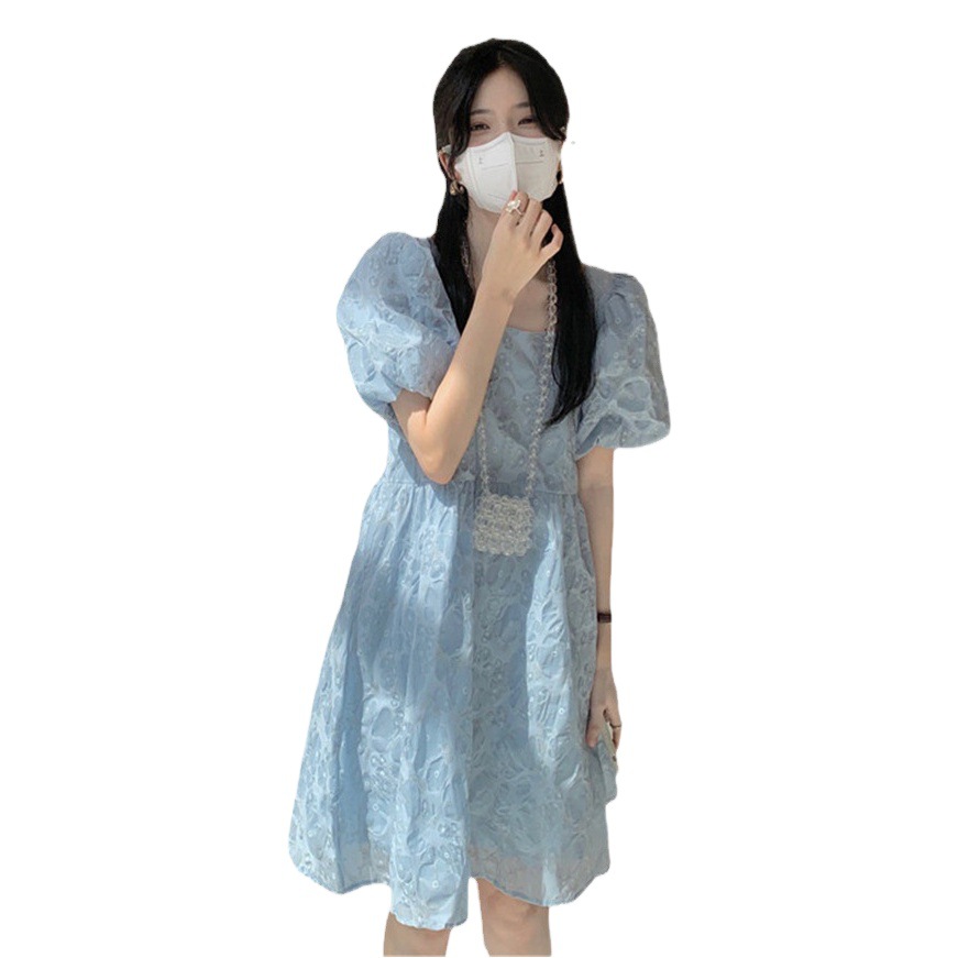 Summer Korean Style Square Collar Slim A- line Dress French Style Retro Puff Sleeve Sweet First Love Dress Trendy