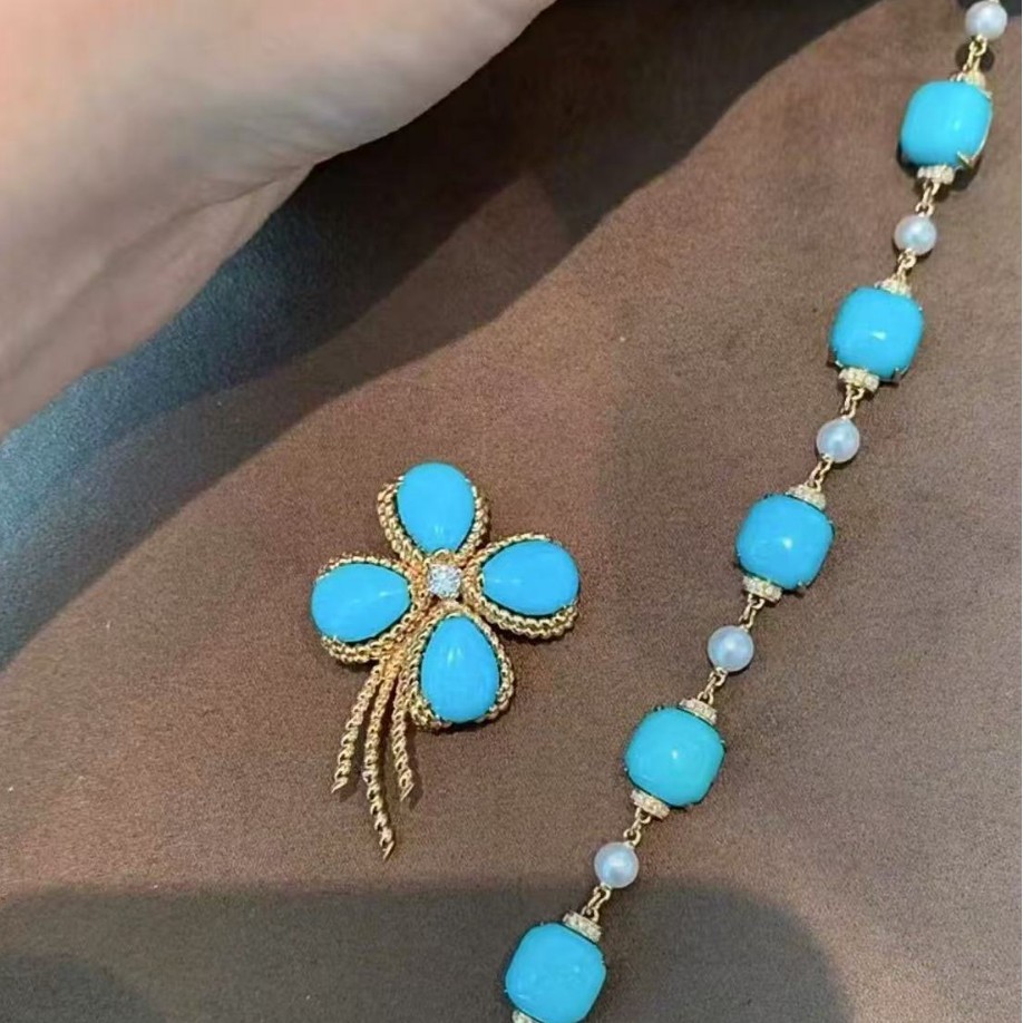 Picture of Jewelry Accessible Luxury Style High-End Bracelet Earrings Brooch Set Niche Design Synthetic Turquoise Earrings for Women