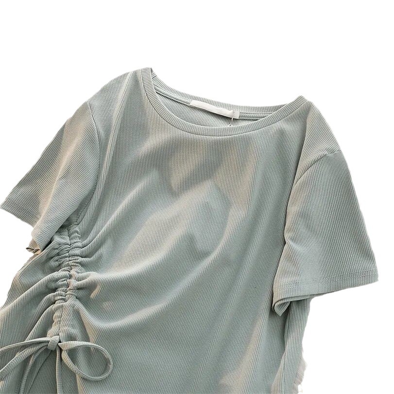 Split Drawstring Short-sleeved T-shirt Women's Summer Design Sense Extras Size Women's Irregular Slimming Short High-waisted Top