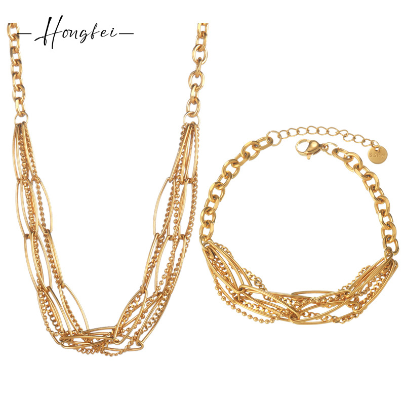 European and American Cross-border Fashion Commuter Multi-layer Chain Stitching Bracelet Necklace Niche Design Sense Stainless Steel Jewelry suit