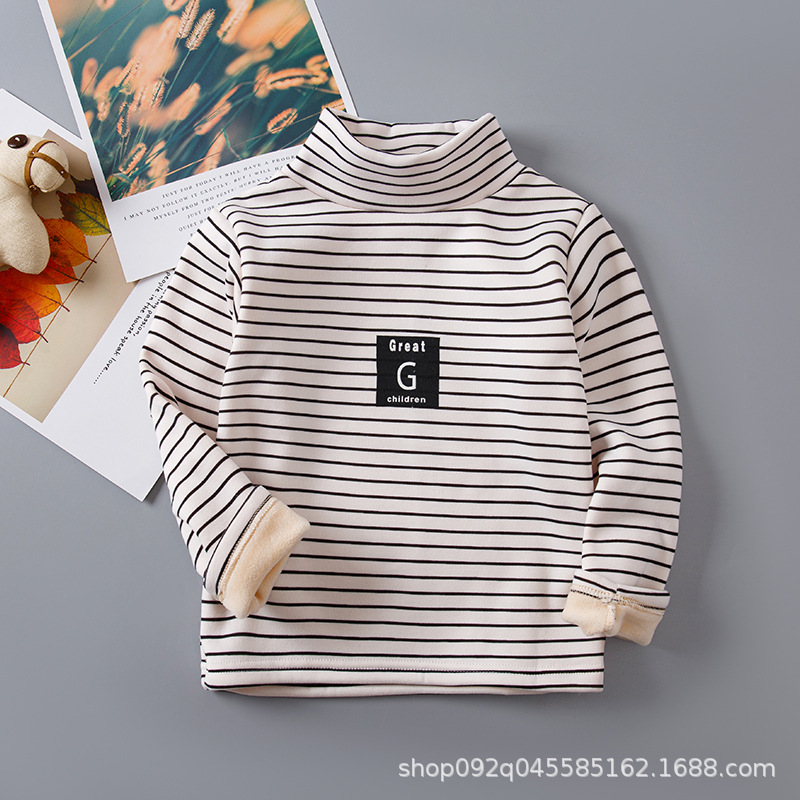 Picture of 2025 Kidsren's Bottoming Shirt Half Turtleneck Fleece-Lined Stripesd Long-Sleeved Warm Top for Boys and Girls Trbottomy Korean Style Autumn and Winter Kidsren's Clothing