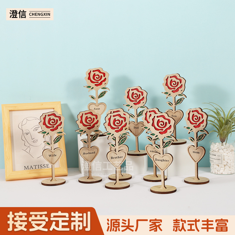 Picture of Father's Day Gift Wooden Ornaments Ins Style Rose Home Light Luxury Decorative Desktop Ornaments Wooden Crafts
