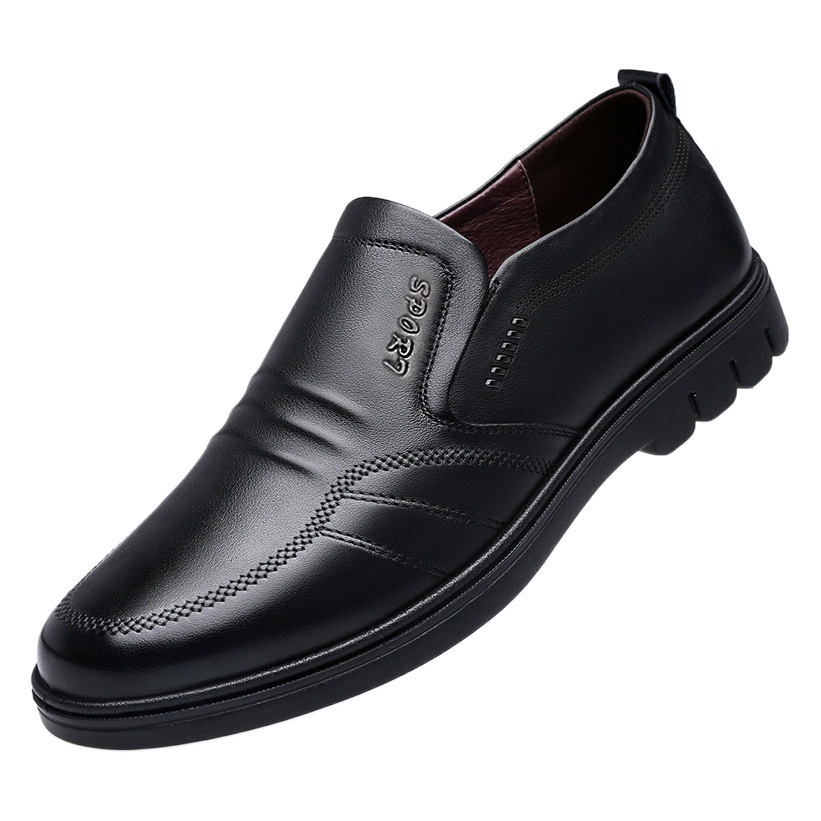 2025 Spring New Leather Shoes Men's Pure Black Casual Shoes Slip-On Lazy Shoes Soft Sole Anti-Slip Dad Driving Shoes