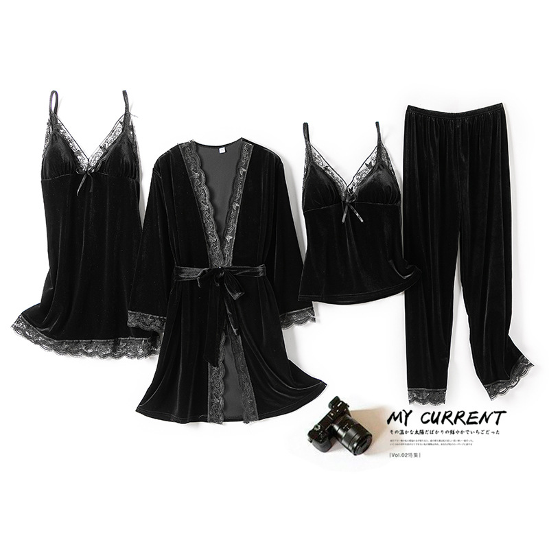 Picture of Gold Velvet pajamas women's autumn and winter four-piece sexy strap nightdress nightgown with chest pad home wear suit can be worn outside