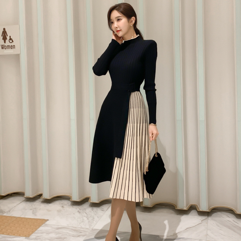 2022 autumn and winter New Korean style elegant lace-up waist mid-length knitted large swing skirt sweater dress