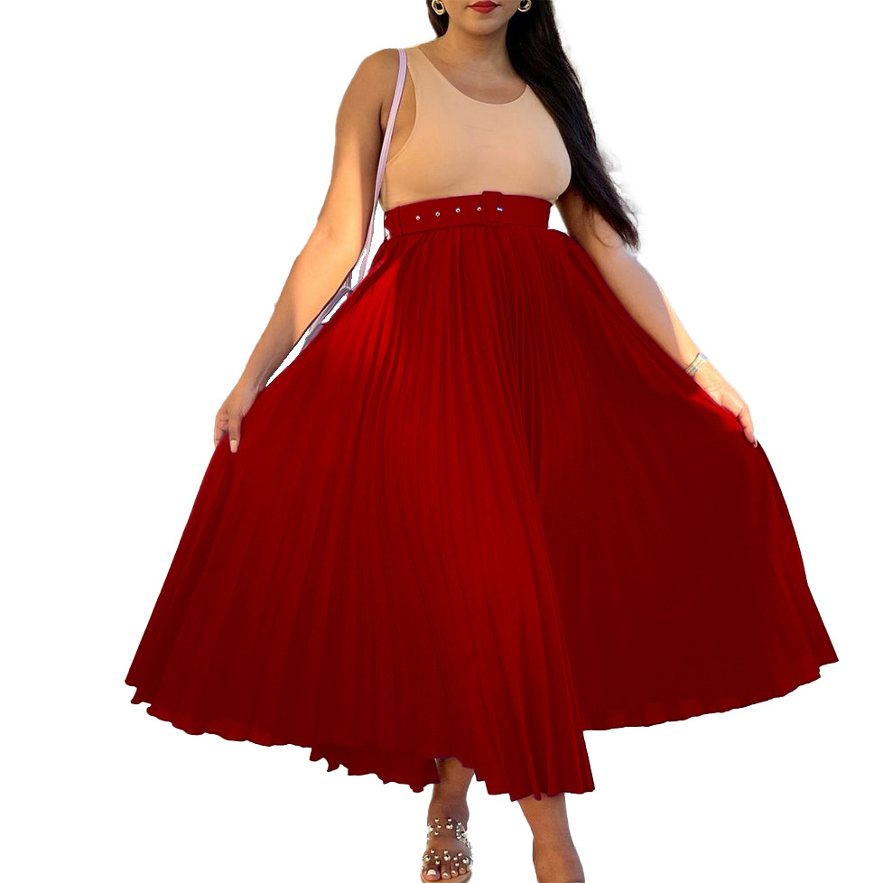 Picture of D293P with belt European and American women's clothing new high waist large skirt mid-length pleated temperament drape foreign trade skirt