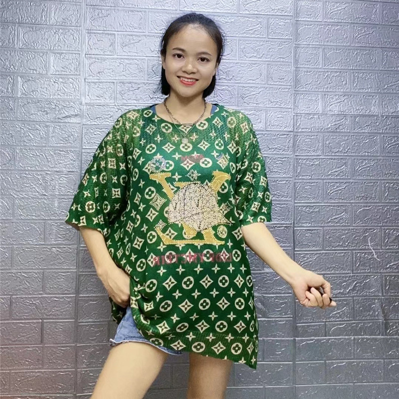 Picture of European Large Edition Hot Drilling Letter Crewneck Knitted T-Shirt Women's Ice Silk Loose Meat Covering Top Mid-length Printed Short Sleeve