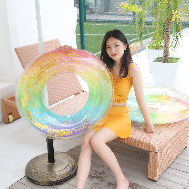 Manufacturer in stock adult colorful thickened neon sequin ring water inflatable life buoy female underarm ring floating ring