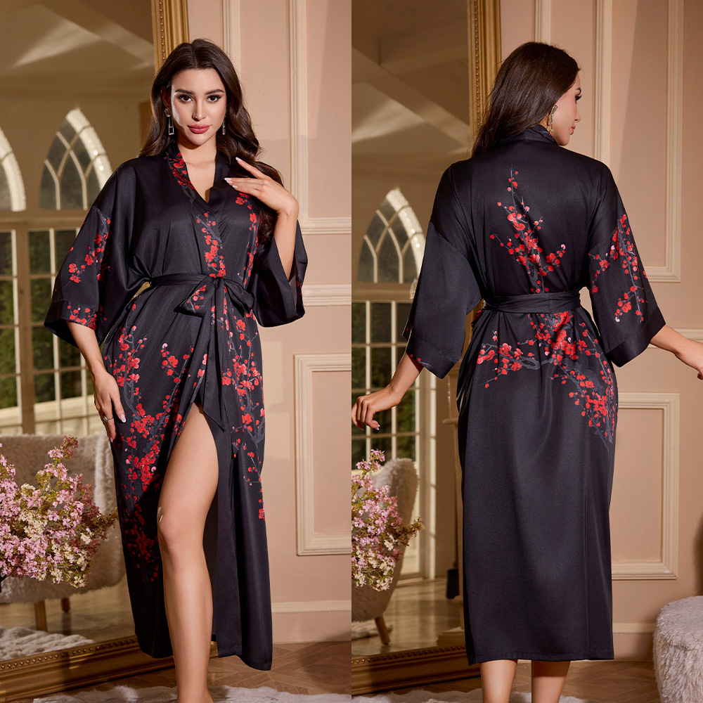 Picture of Yaoting Satin Printed Pajamas for Women Summer Large Size Accessible Luxury Three-Quarter Sleeves Cool Long Nightgown Home Wear Women Wp2669