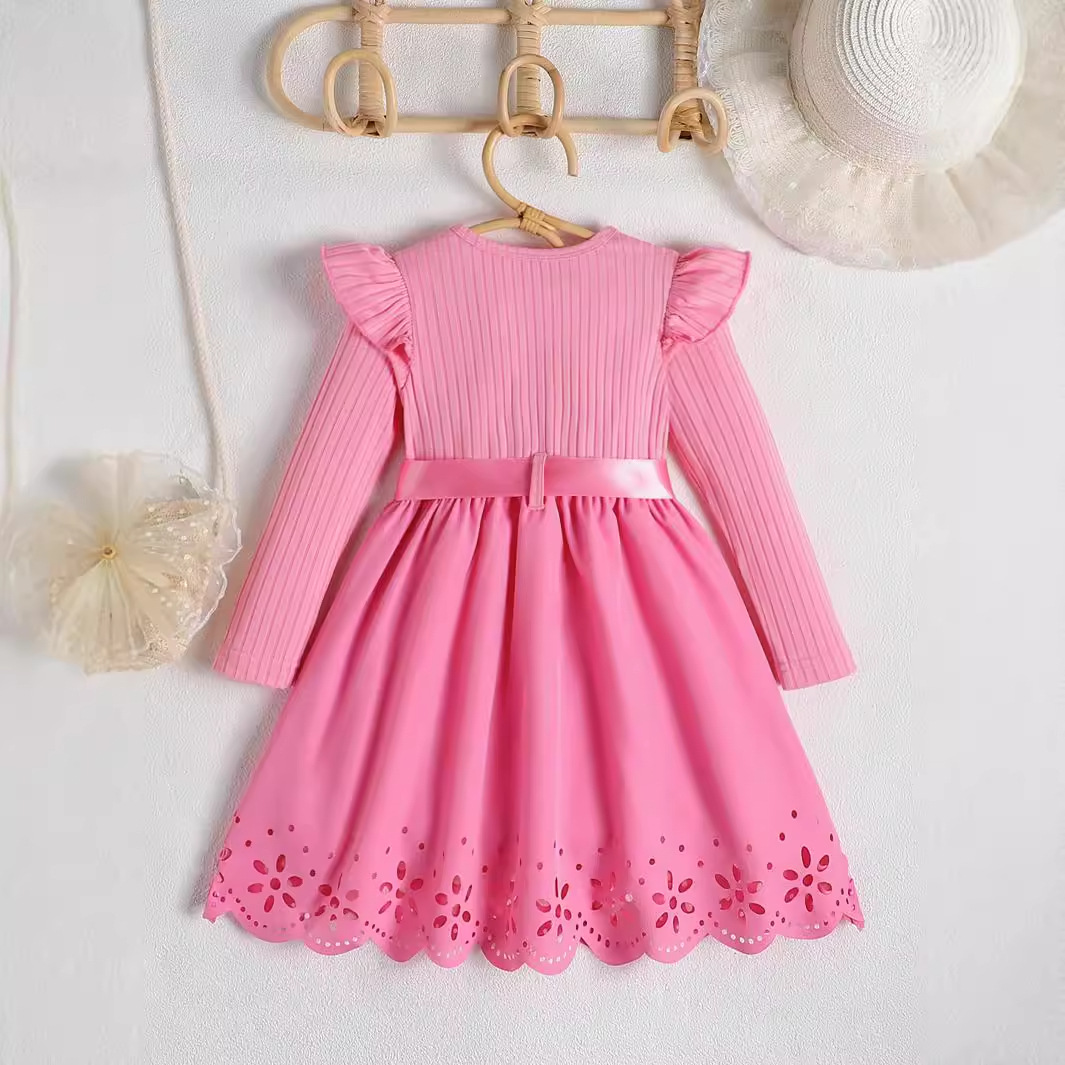 Picture of Autumn new girls princess letter printed bow belt round neck long sleeve hollow dress