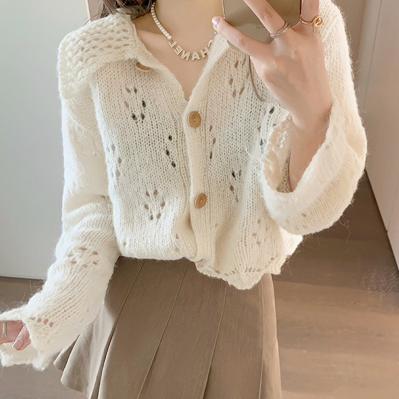 2025 Early Autumn New Korean Style Loose Lazy Style Knitted Cardigan Jacket Women's Loose Hollow Sweater Women