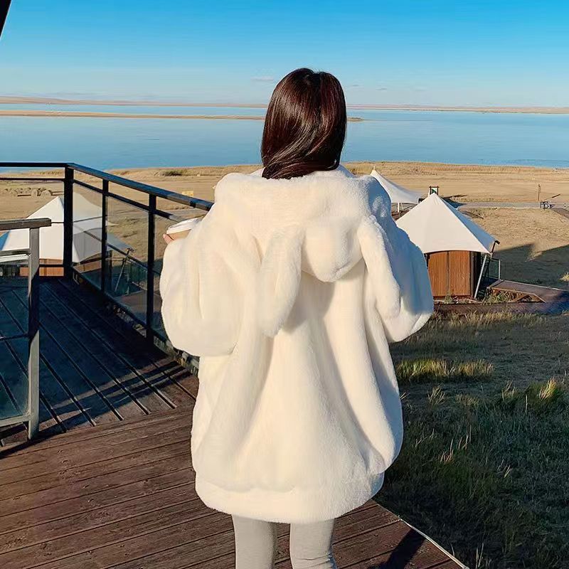 Picture of Cute Lamb Wool Coat with Rabbit Ears for Women, Winter 2025 New Style, Fleece-Lined, Thickened, Soft and Fluffy Cotton Jacket