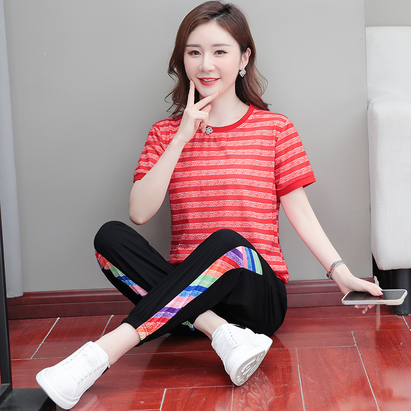 Picture of Ice Line Quick-drying Stretch Vertical Fashion Casual Sports Suit Women's Summer Thin Mesh Breathable Striped T-shirt Trendy