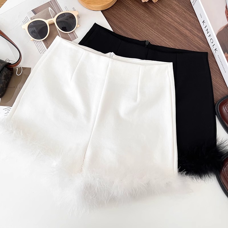 Design Sense Fashion Fur Edge High Waist Slimming Shorts 2024 Spring Wide Leg Casual Fashion Hot Pants Korean Boots Pants