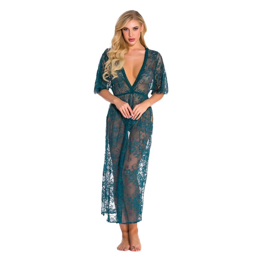 2023 new European and American interest lingerie sexy lace deep V one-piece dress female side open lace one-piece robe wholesale
