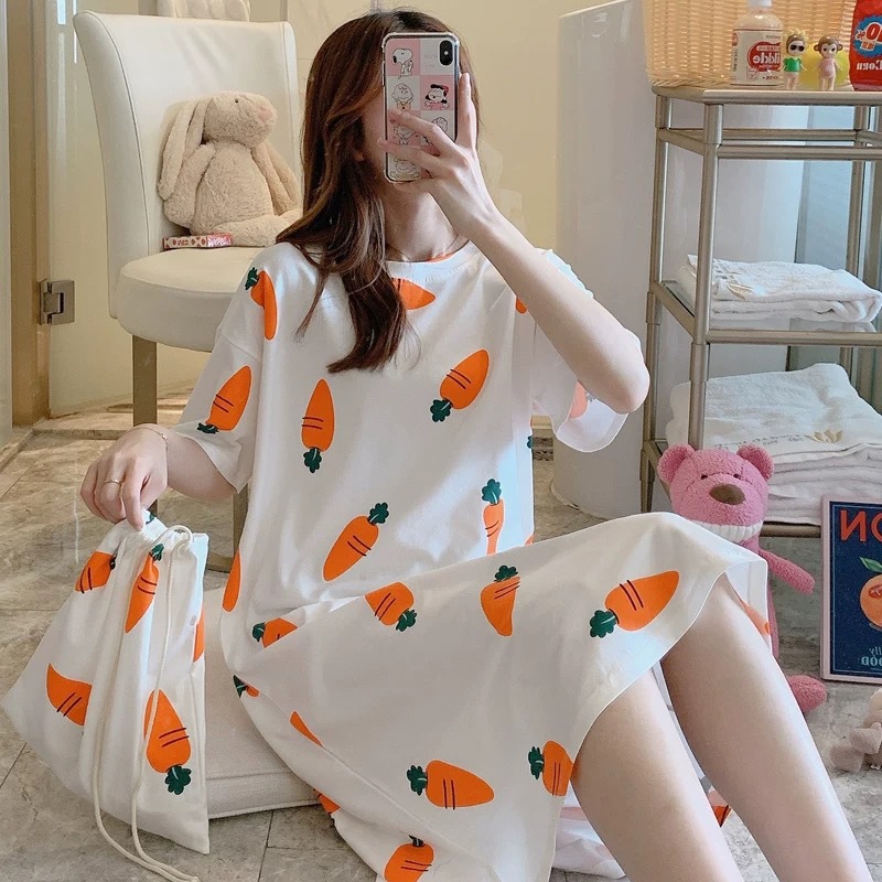 Picture of Internet Celebrity Summer Korean Style Princess Fresh Sweet Loose Nightdress Short Sleeve Plus Size Pajamas Dress with Cloth Bag