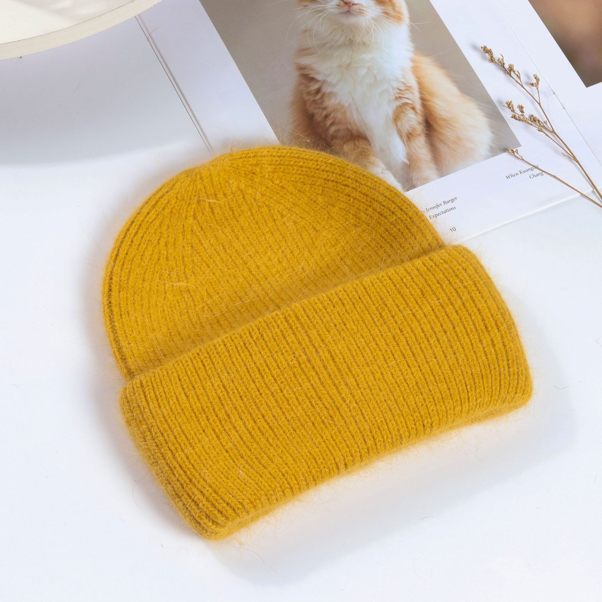 Picture of Korean Winter Knitted Hat with Large Brim for Women, Windproof Pullover Round-Top Adult Rabbit Fur Wool Hat