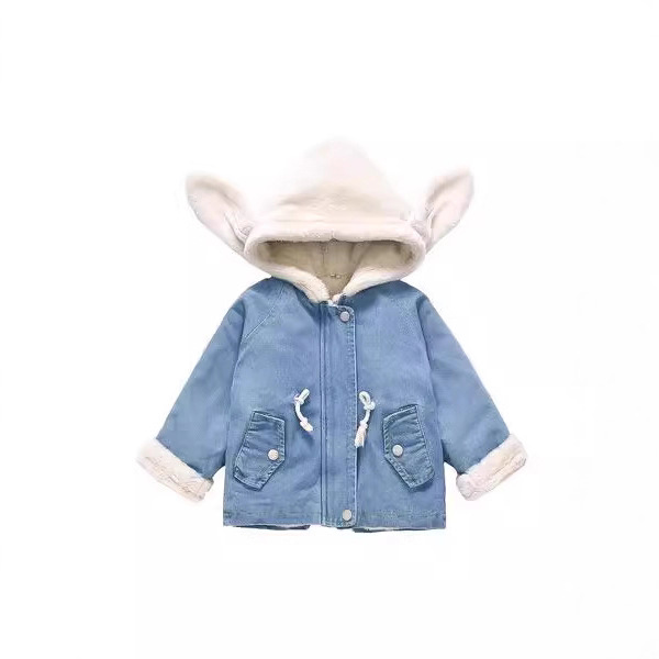 Picture of Korean Children's Winter New Girl Rabbit Ears fleece-lined Thickened Denim Coat Baby Imitation Rabbit Hair Warm Clothes