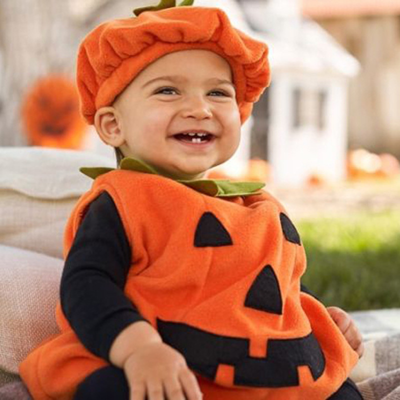 Picture of ins New Baby Halloween New Children's Wear Cute Round Neck Sleeveless Pumpkin Hatshirt Clamping Clothes with Hat