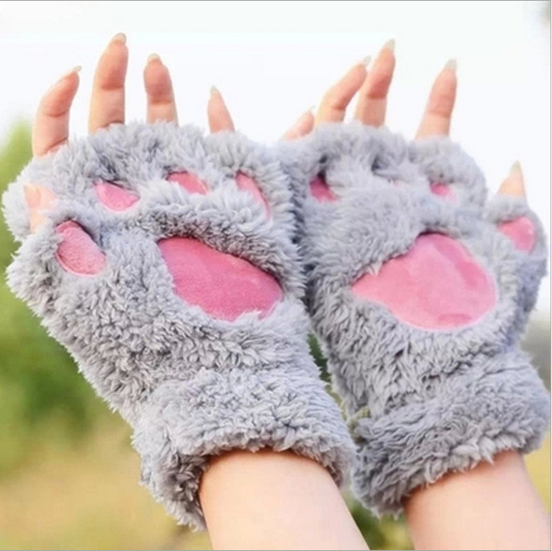 Winter Cute Cartoon Cat Girl's Exophthalmous Cat's Claw Warm Gloves Thickened Fluffy Bear's Paw Half-Finger Gloves