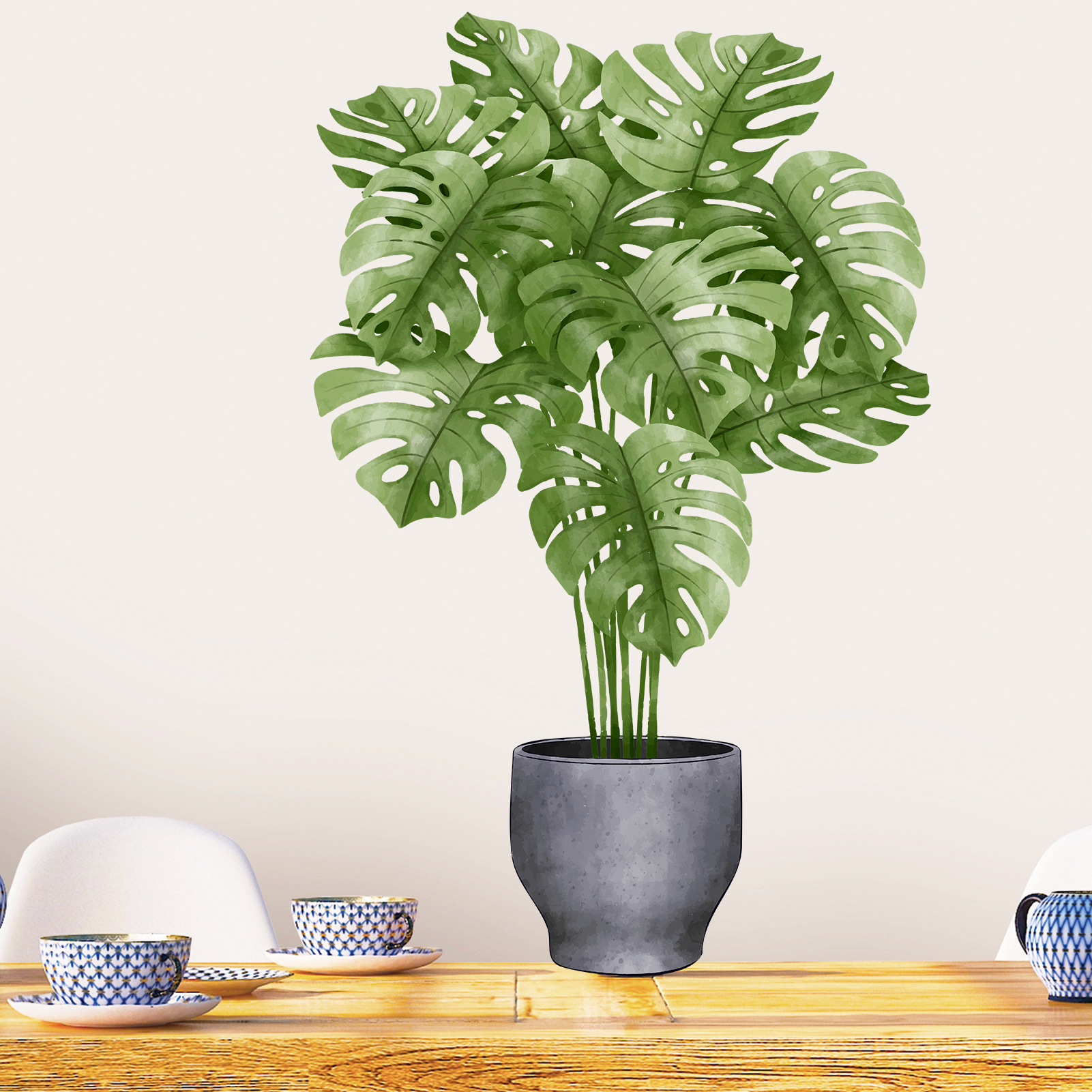 New Ms-G010 Fresh Tropical Green Plant Simulated Monstera Potted Bedroom Living Room Beautification Wall Sticker Wholesale