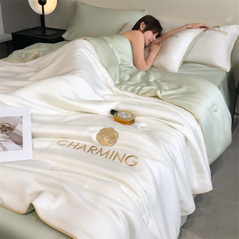 Picture of Washed Ice Silk Summer Quilt Four-piece Solid Color Embroidered Cool Air Conditioned Quilt Summer Gift Summer Quilt Summer Thin Quilt