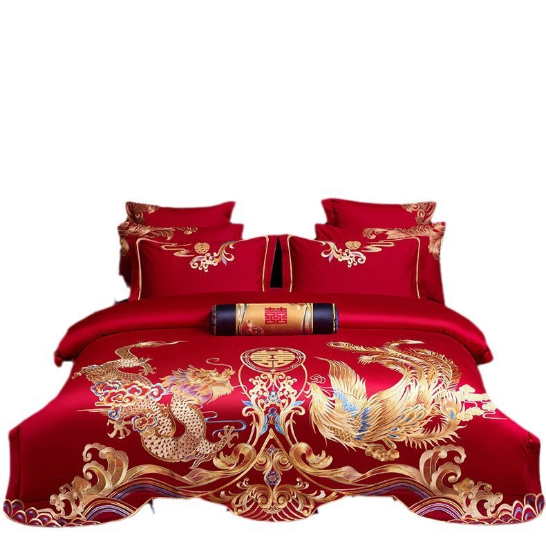 Picture of High-End 120S Pure Cotton Long-Staple Cotton Wedding Four-Piece Set New Chinese Style Dragon and Phoenix Embroidery Wedding Red Bedding