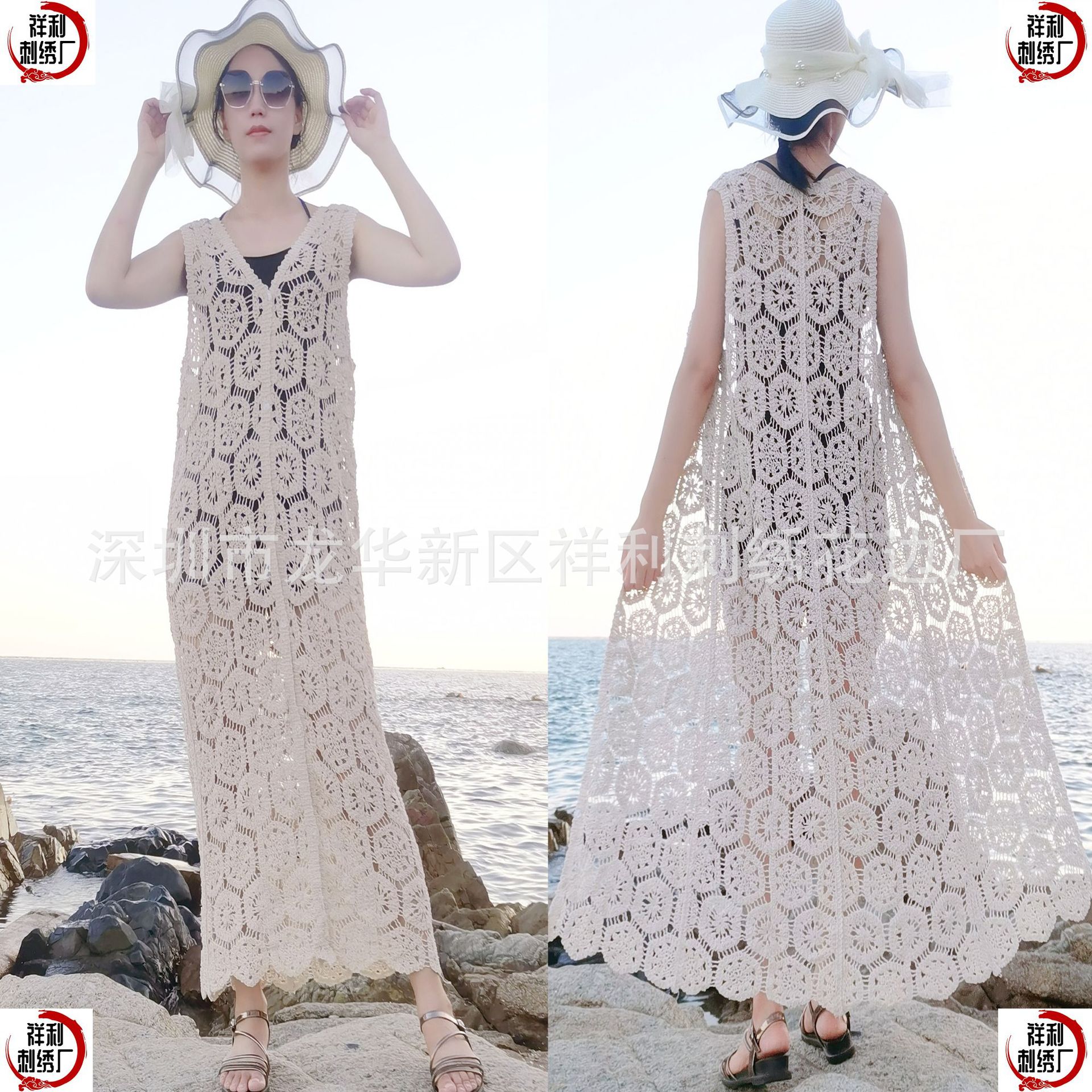 Picture of European and American style women's knitted vest long-sleeved cardigan dress shawl women's heavy work crocheted hollow retro long beach shirt
