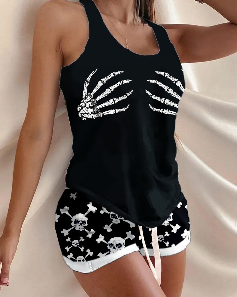 Picture of 2022 new retro I-shaped printed vest and drawstring waist shorts suit temperament commuter sleeveless women's clothing