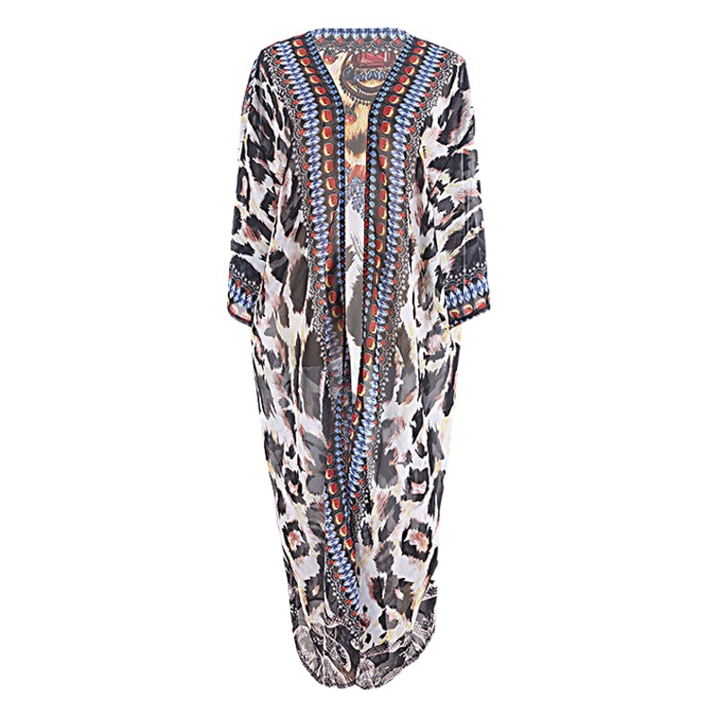 New European and American Leopard Chiffon Cardigan Seaside Beach Sunscreen Bikini Cardigan Outer Blouse Swimwear Women