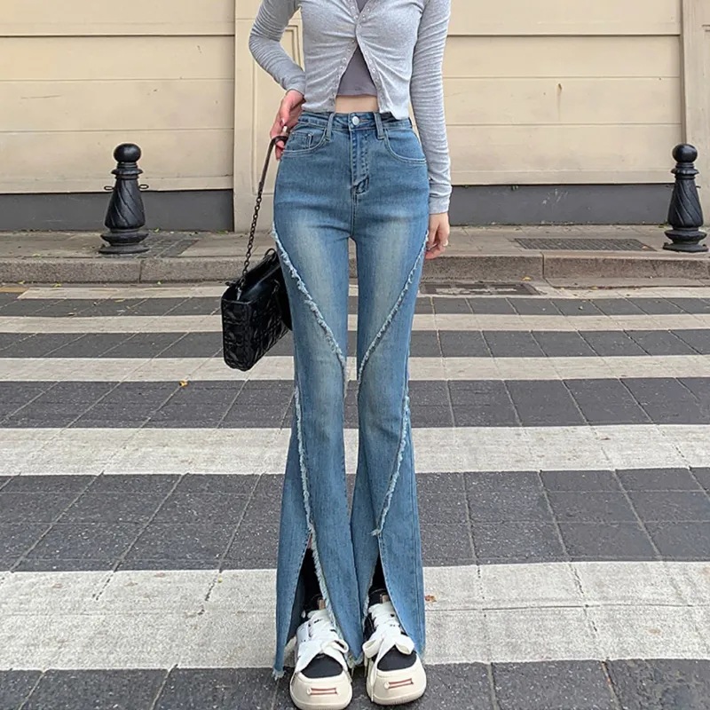 Split Micro Horn Jeans Women's Spring and Autumn 2023 New High Waist Slimming Design Hot Girl Tight Autumn Pants
