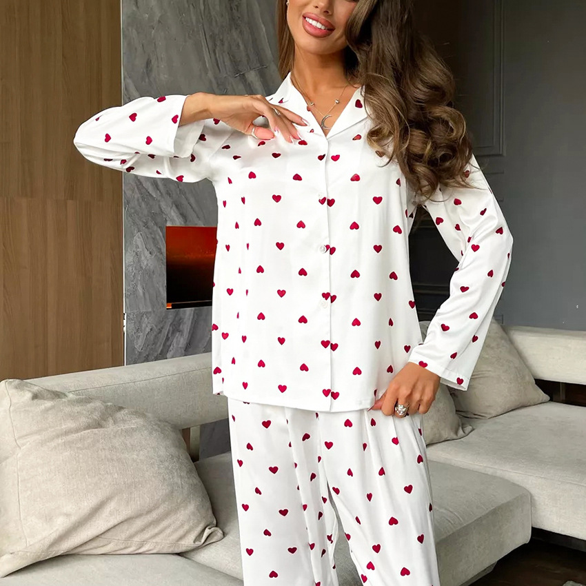 2024 spring new pink love printed satin long-sleeved trousers pajamas two-piece cross-border Women's Home wear