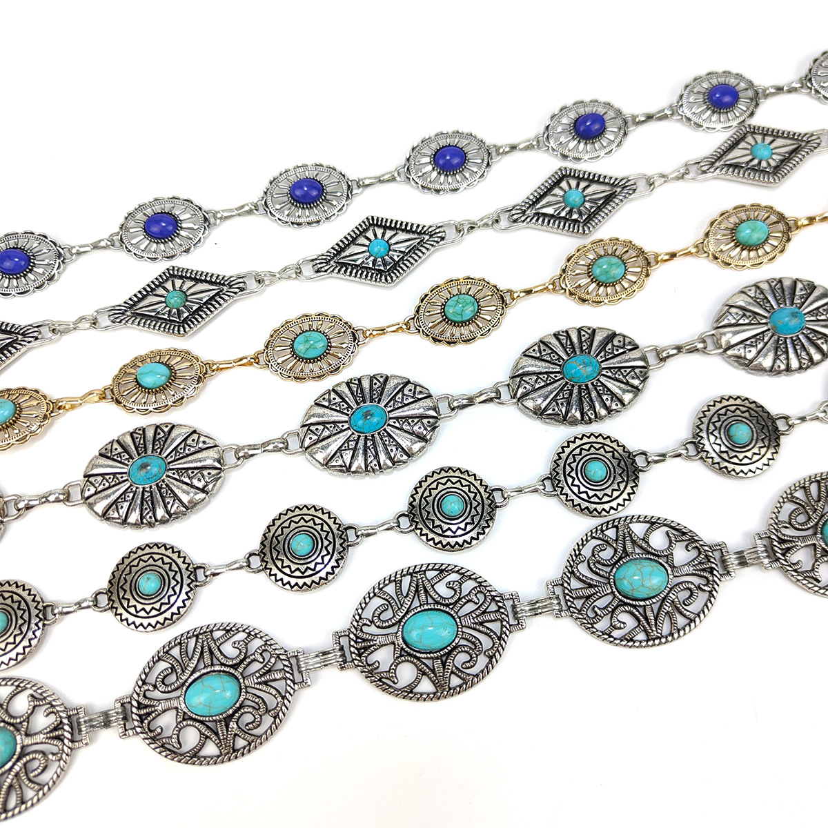 Cross-border Explosions European and American Waist Chain Women's Decorative Thin Belt with dress silver Ethnic Fashion Turquoise Chain