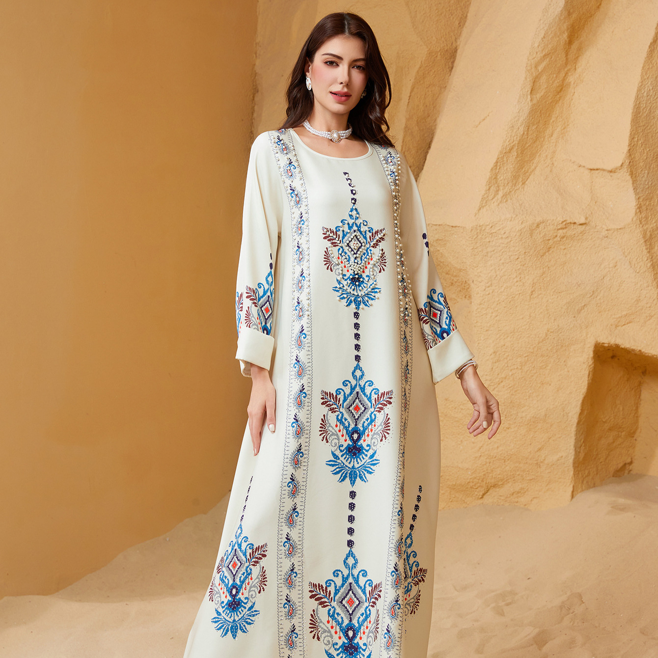 Picture of ZD040 Middle East Cross-border Trade Muslim Women Printed Robe Dubai dress Abaya Amazon Wholesale