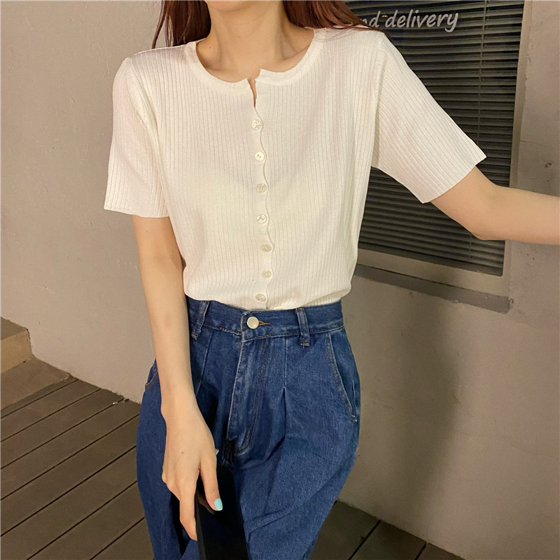 Picture of Summer 2025 New Knitwear Women's Korean Style Thin Bottoming Shirt Pure Color Slimming Look Versatile Single-Breasted Short-Sleeved Top